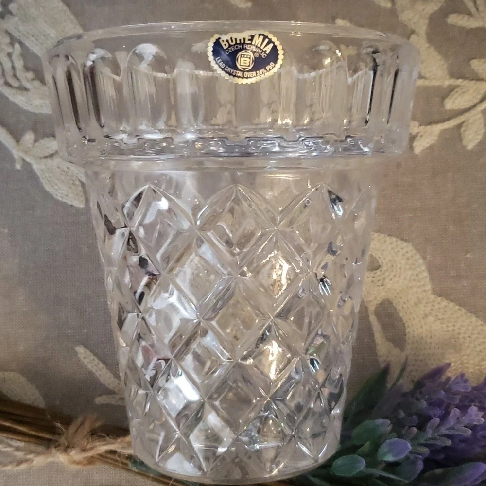 VTG Bohemia Flower Pot Planter Lattice Lead Crystal Czech Republic Glass